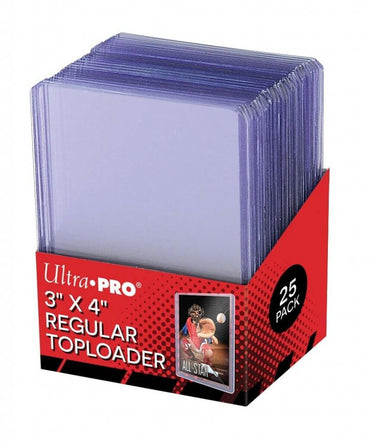 Box of Ultra Pro card toploaders with a red and black design